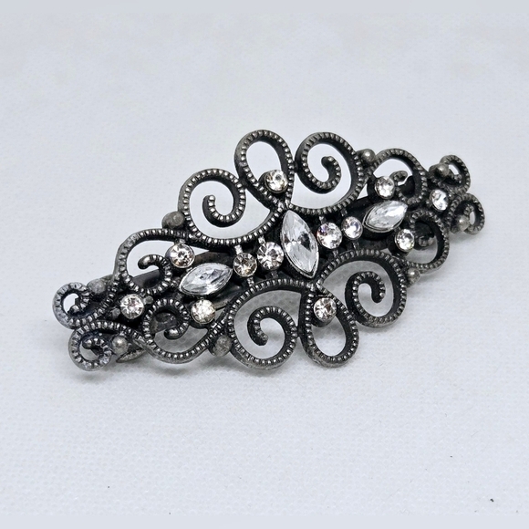Accessories - Vintage Dark Silver Filigree Rhinestone Hair Barrette Victorian